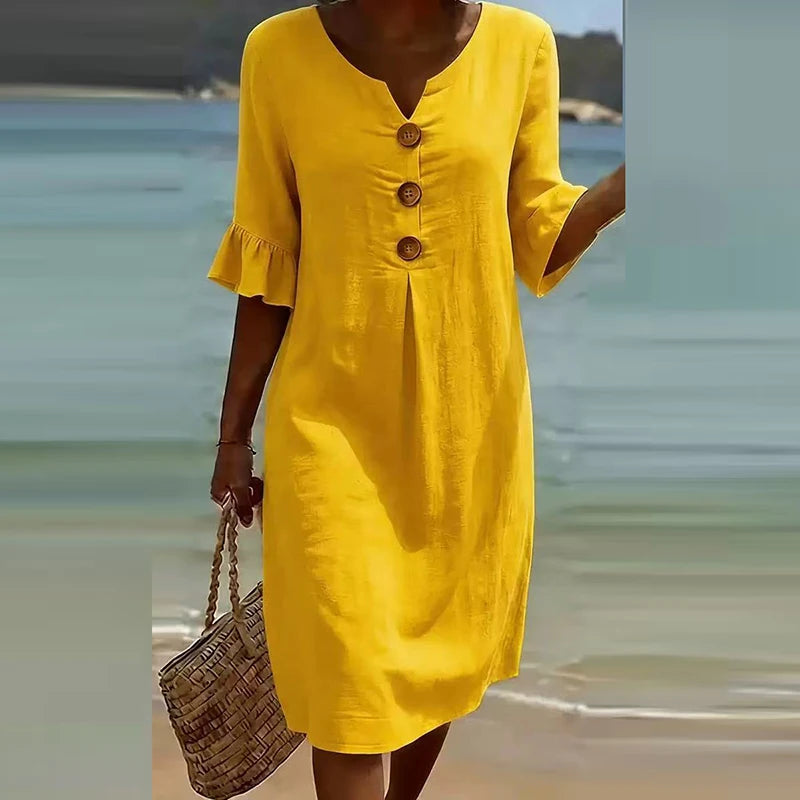 Printed V-Neck Button Midi Dress