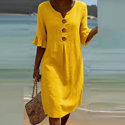 Printed V-Neck Button Midi Dress