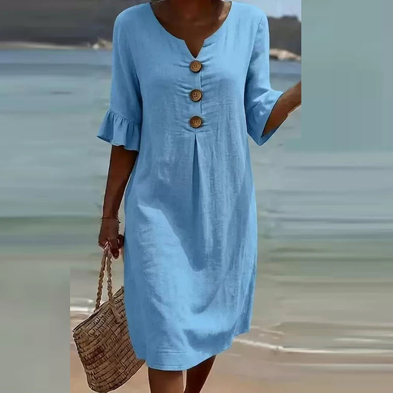 Printed V-Neck Button Midi Dress
