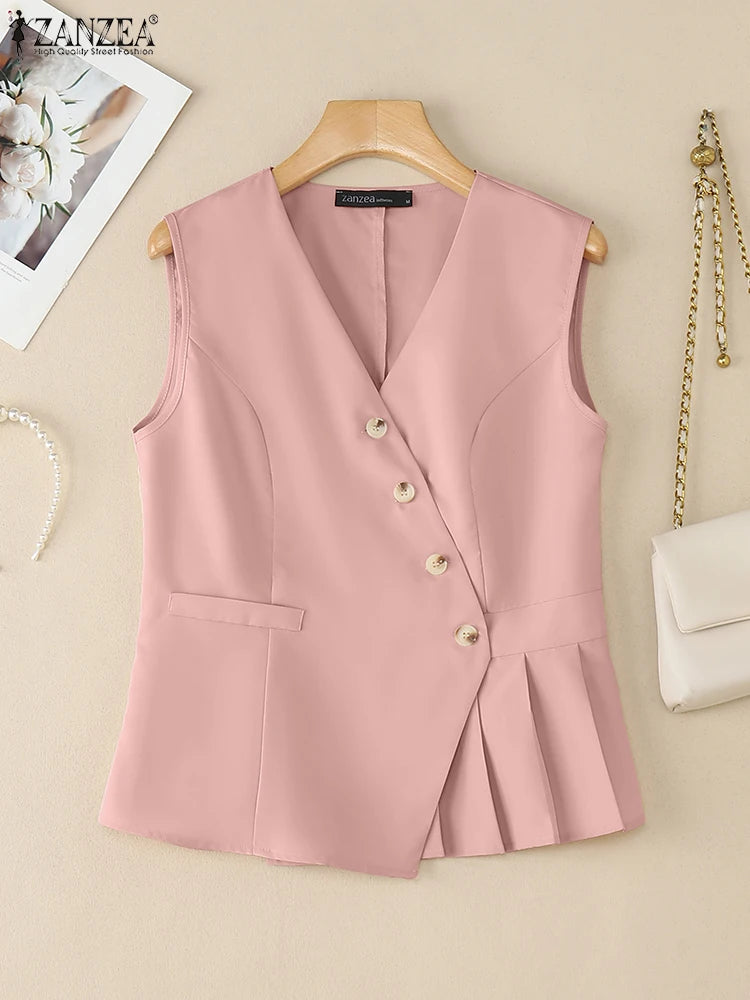 Gestept vest met diagonale knoopsluiting en plooizoom