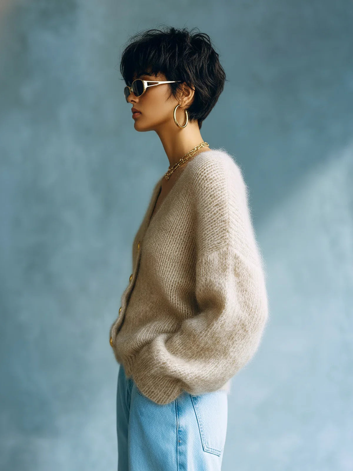 Wool-Blend Open Cardigan with Buckle