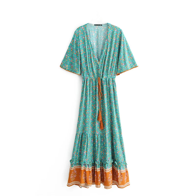 Floral Tassel-Trim Bohemian Maxi Dress