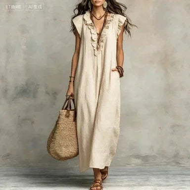 Linen-Blend Ruffle Maxi Dress with Pockets