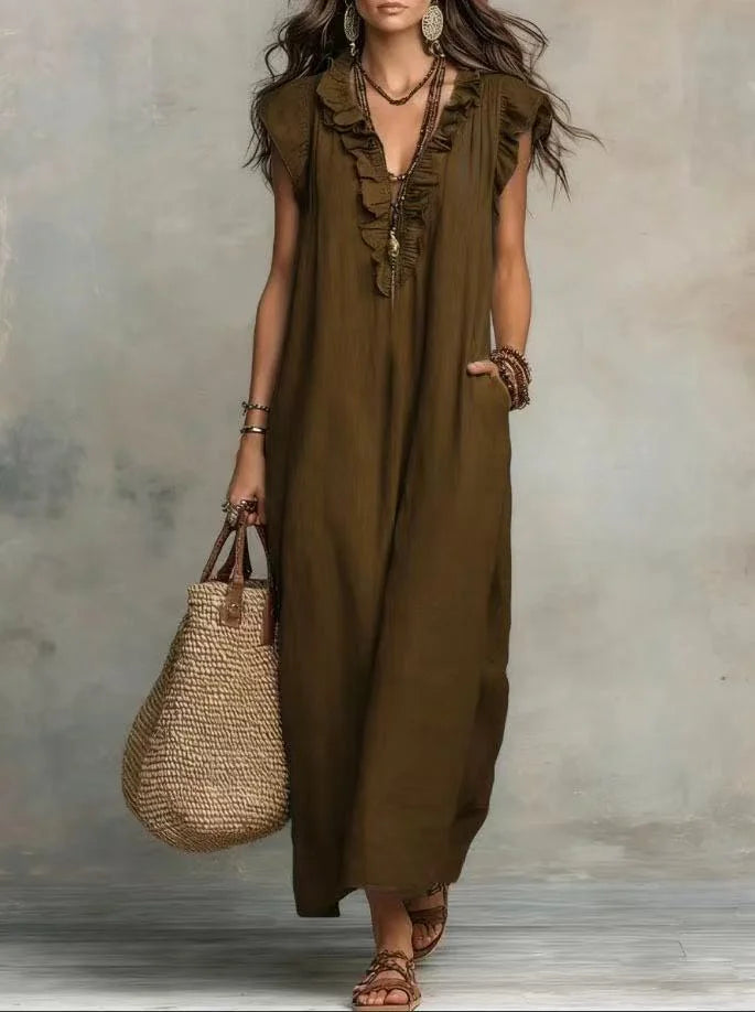 Linen-Blend Ruffle Maxi Dress with Pockets