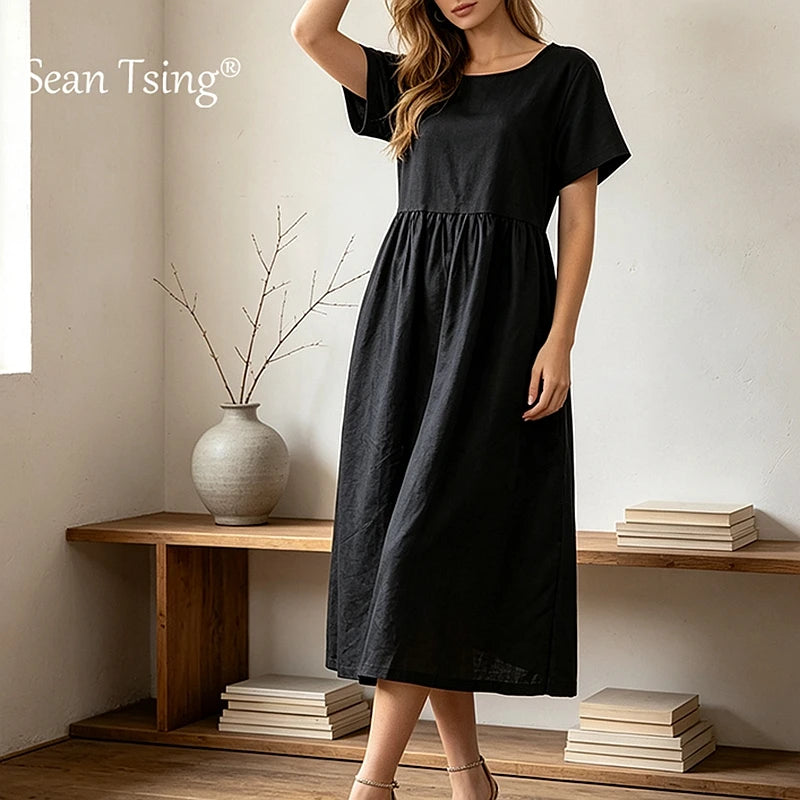 A-Line Linen Midi Dress with Pockets