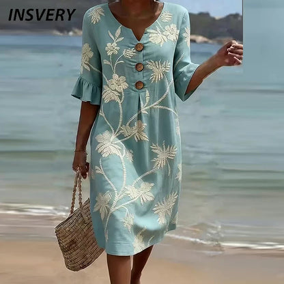 Printed V-Neck Button Midi Dress