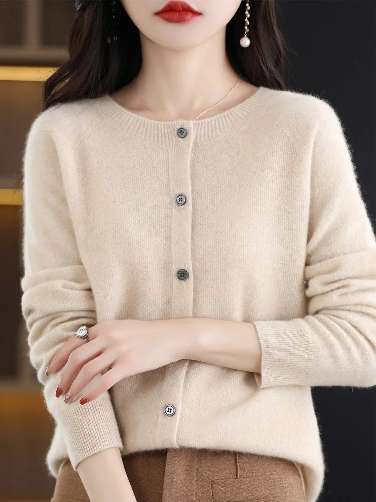 Fine Wool-Blend O-Neck Cardigan