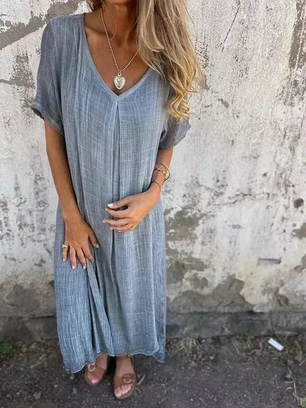 Short-Sleeve Linen V-Neck Maxi Dress