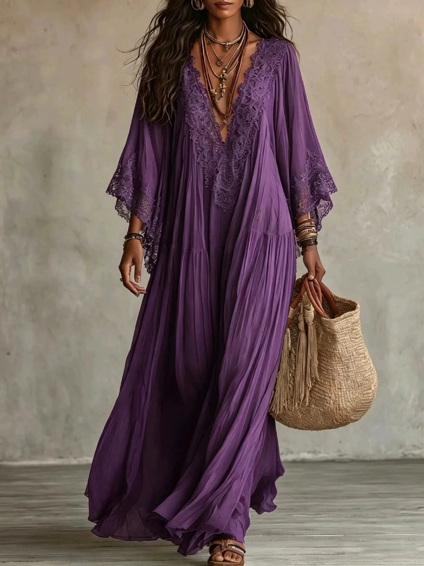 Lace-Trim V-Neck Maxi Dress