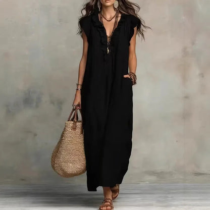 Linen-Blend Ruffle Maxi Dress with Pockets