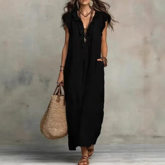 Linen-Blend Ruffle Maxi Dress with Pockets