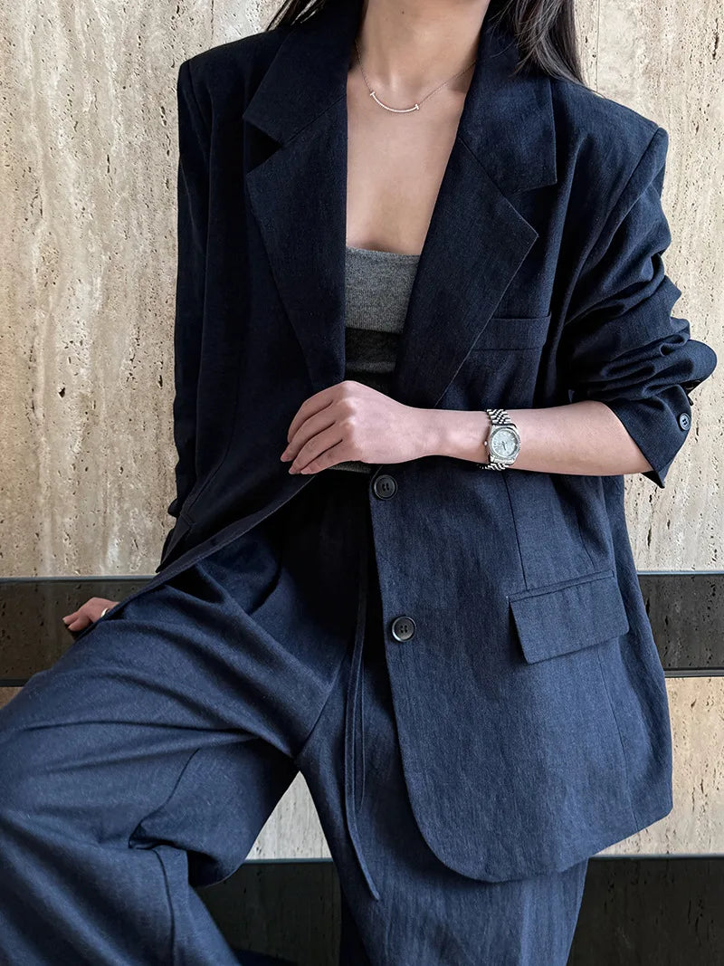 Linen-Blend Blazer and Wide-Leg Trouser Set