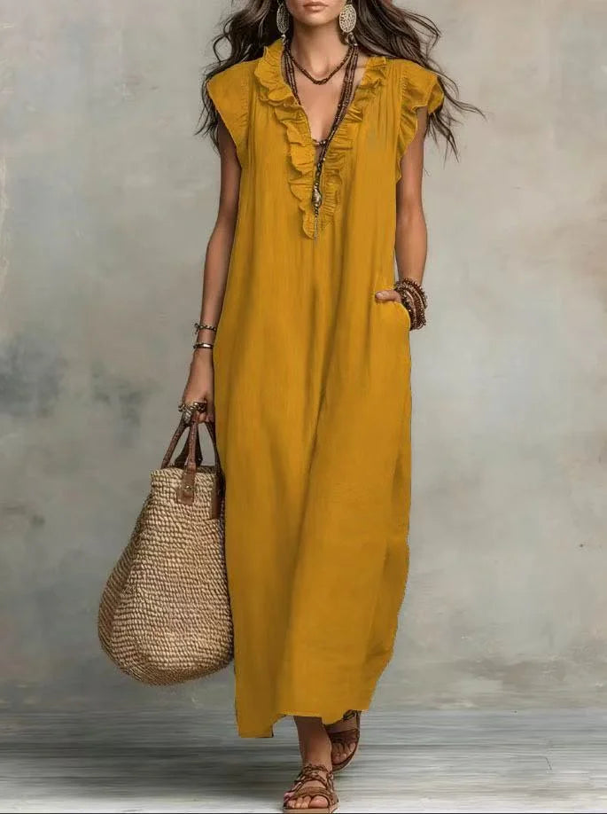 Linen-Blend Ruffle Maxi Dress with Pockets