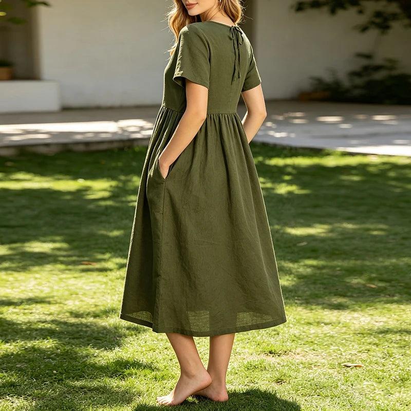 A-Line Linen Midi Dress with Pockets