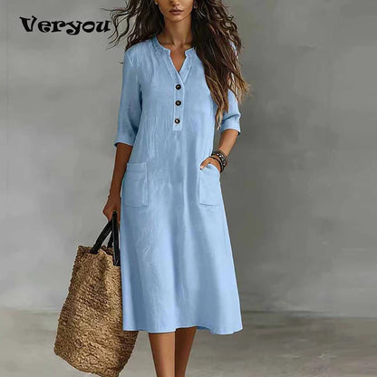 Half-Sleeve Midi Dress with Pockets