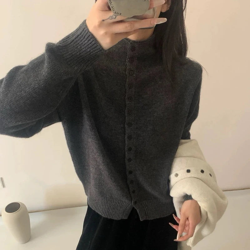 Stand-Collar Button Knit Cardigan