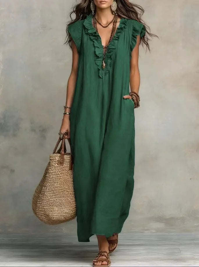 Linen-Blend Ruffle Maxi Dress with Pockets