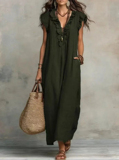 Linen-Blend Ruffle Maxi Dress with Pockets
