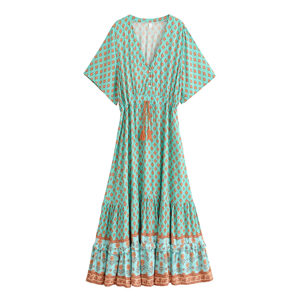 Floral Tassel-Trim Bohemian Maxi Dress