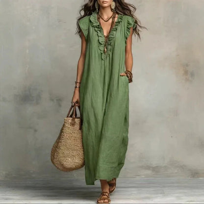 Linen-Blend Ruffle Maxi Dress with Pockets