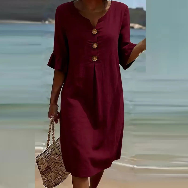 Printed V-Neck Button Midi Dress